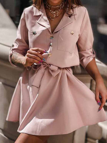 Woochic mini robe boutonnage avec poches ceinture col revers manches au coude élégant de cocktail Rose pâle S